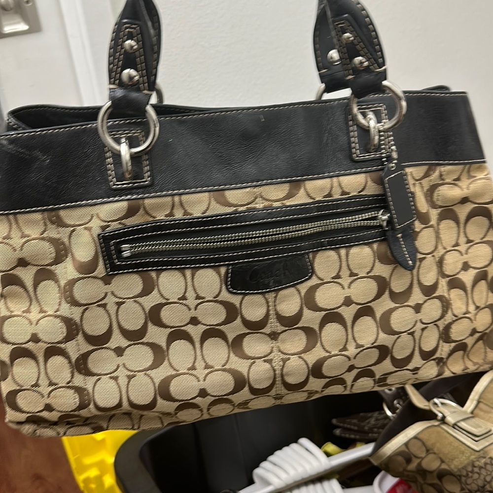 Coach Signature Penelope Black Leather Trim Shoulder Handbag Purse Tote F15533